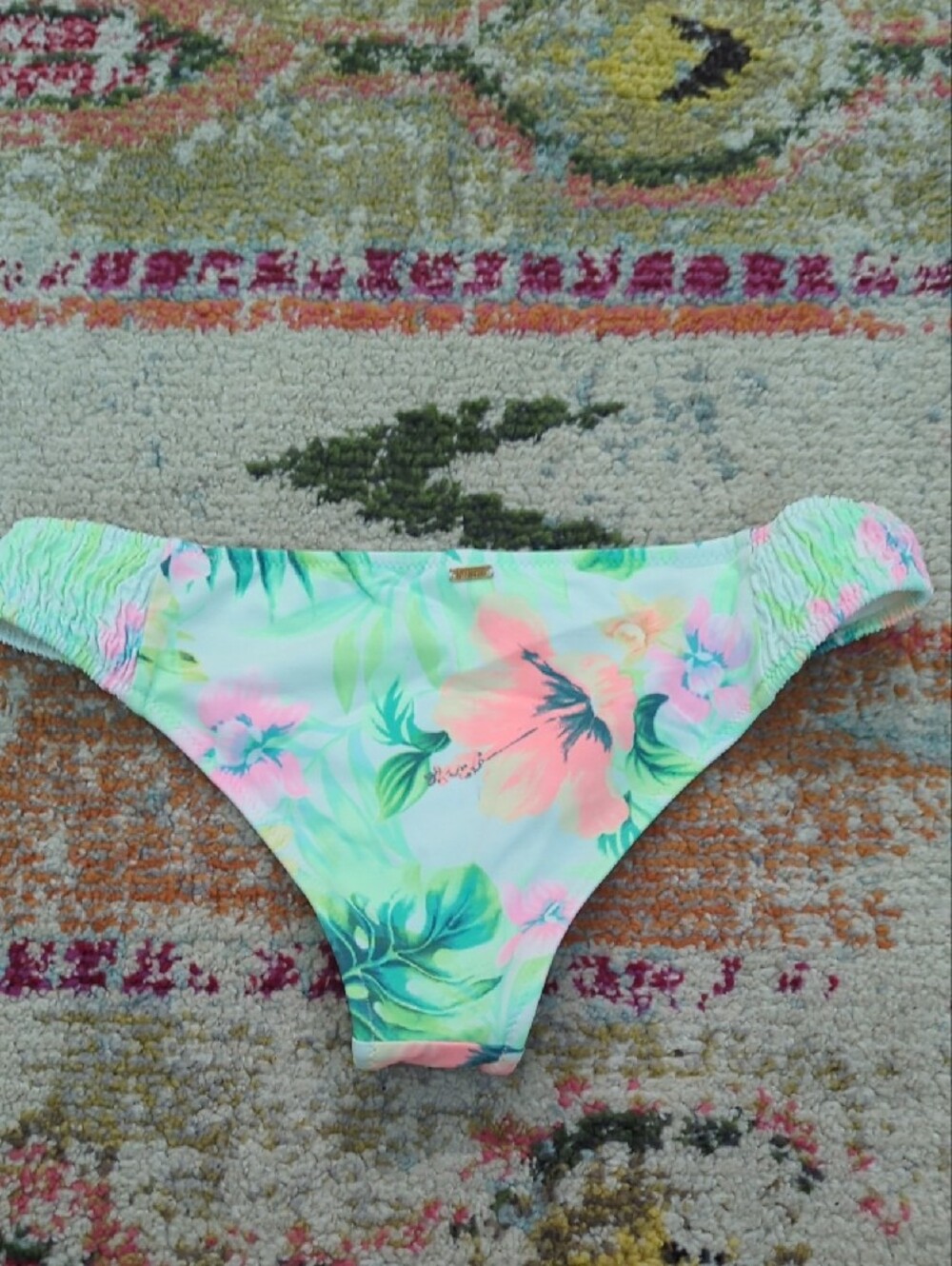 PINK Victoria's Secret Mint Floral Bikini Bottoms with Coral Accents - Picture 5 of 6